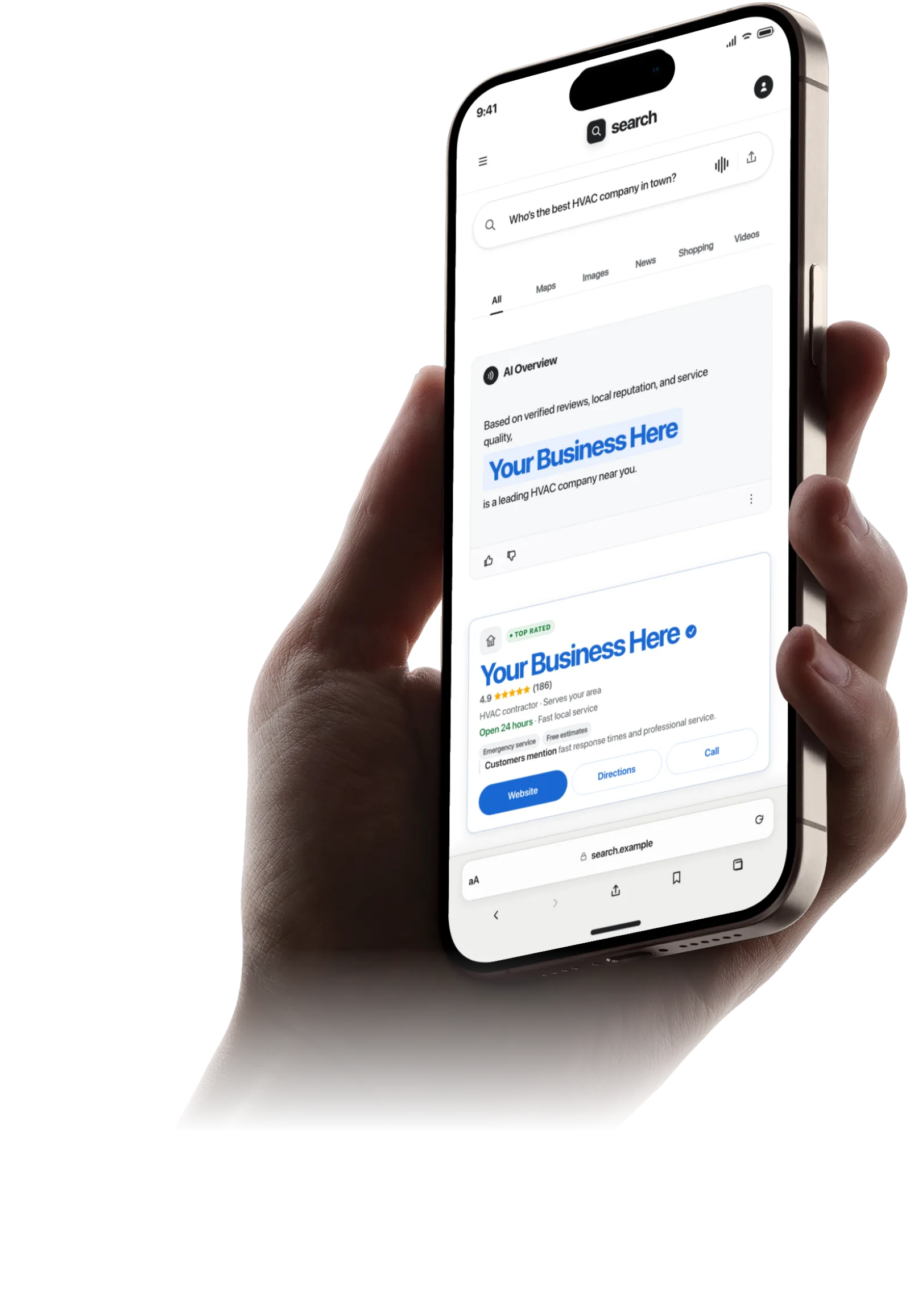 A hand holding an iPhone — the AI search result names 'Your Business Here' as a leading local company