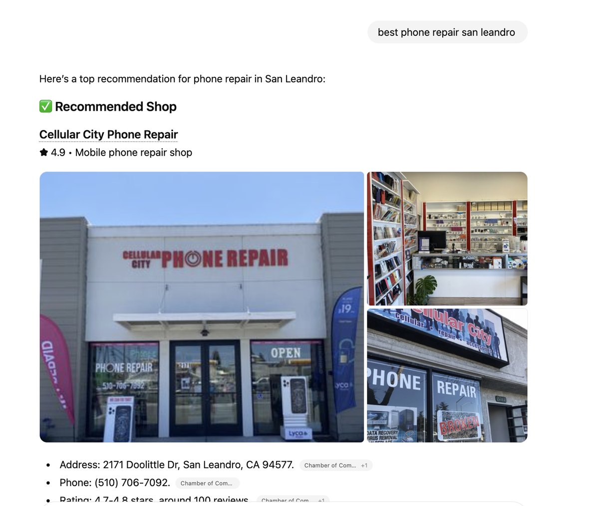ChatGPT names Cellular City the top-rated phone repair shop in San Leandro