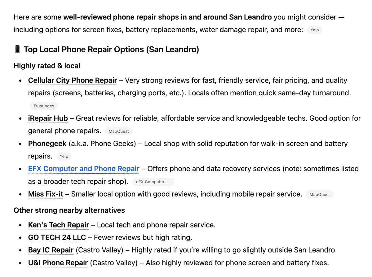 Google's AI Overview lists Cellular City as the recommended shop in San Leandro