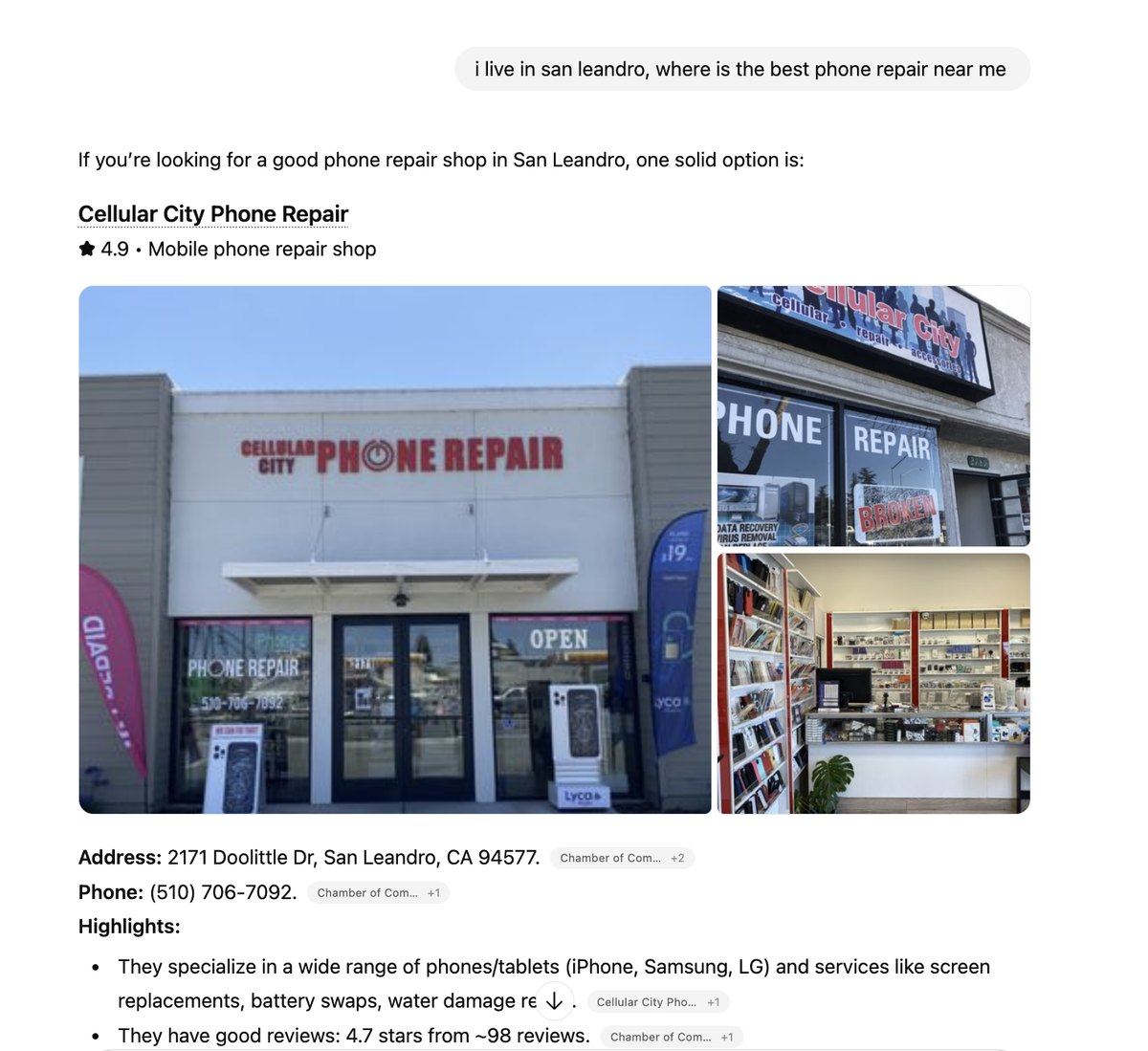 ChatGPT highlights Cellular City among the top San Leandro specialists