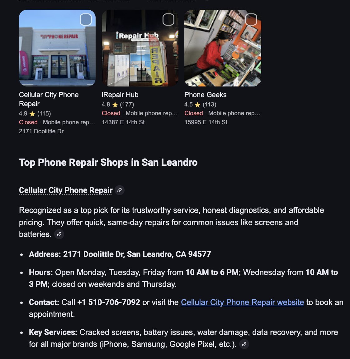 Google AI Mode picks Cellular City as a top San Leandro shop